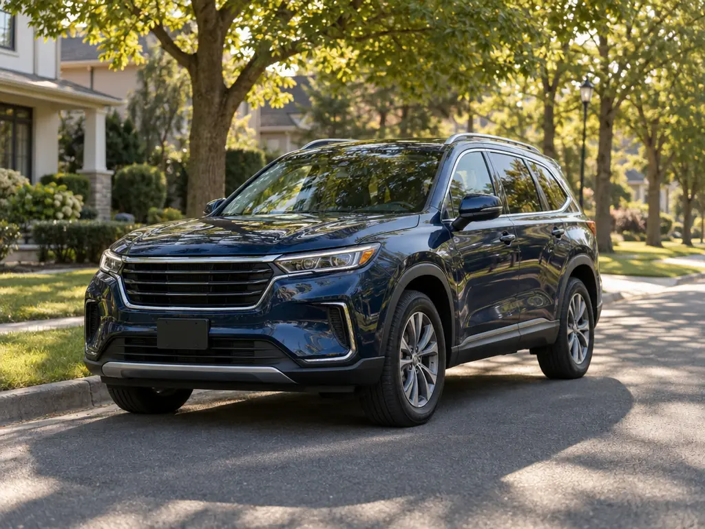 An SUV parked on a quiet tree-lined street