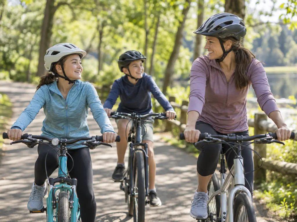 A mother and her kids riding bikes on a park trail