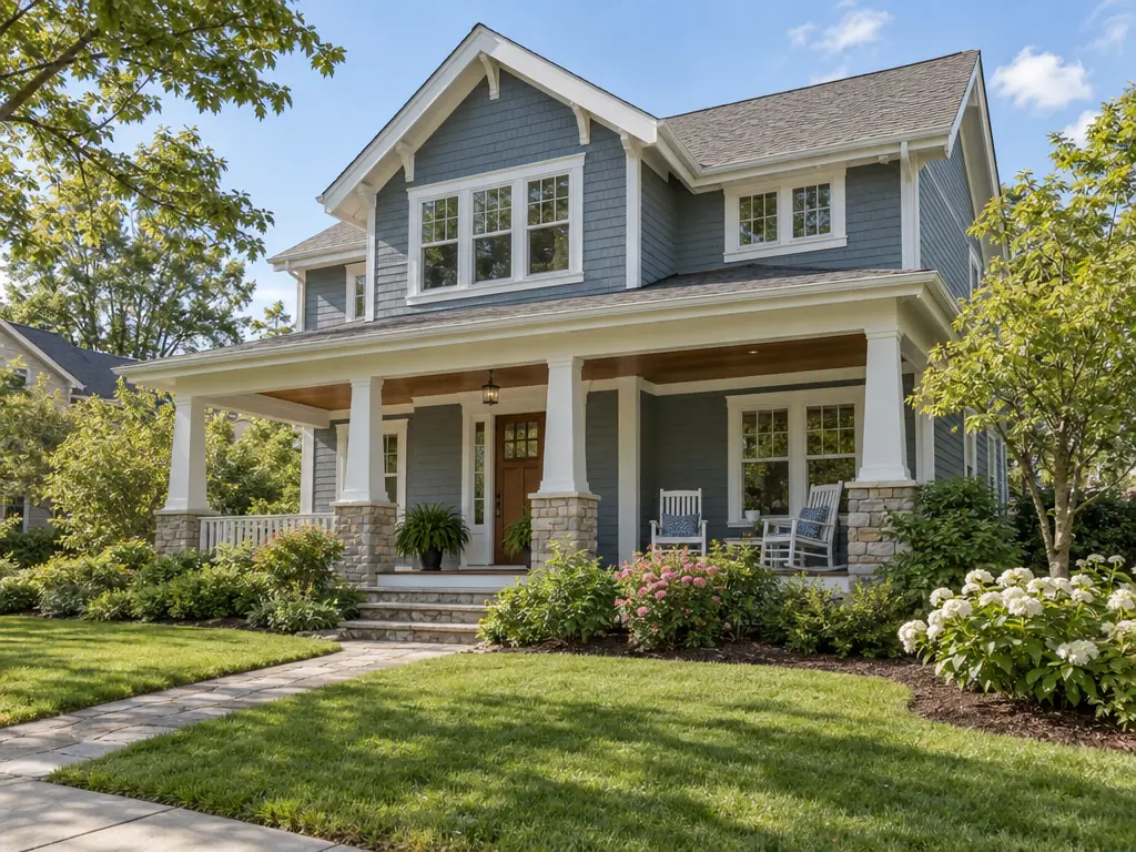 A blue craftsman house with a covered front porch