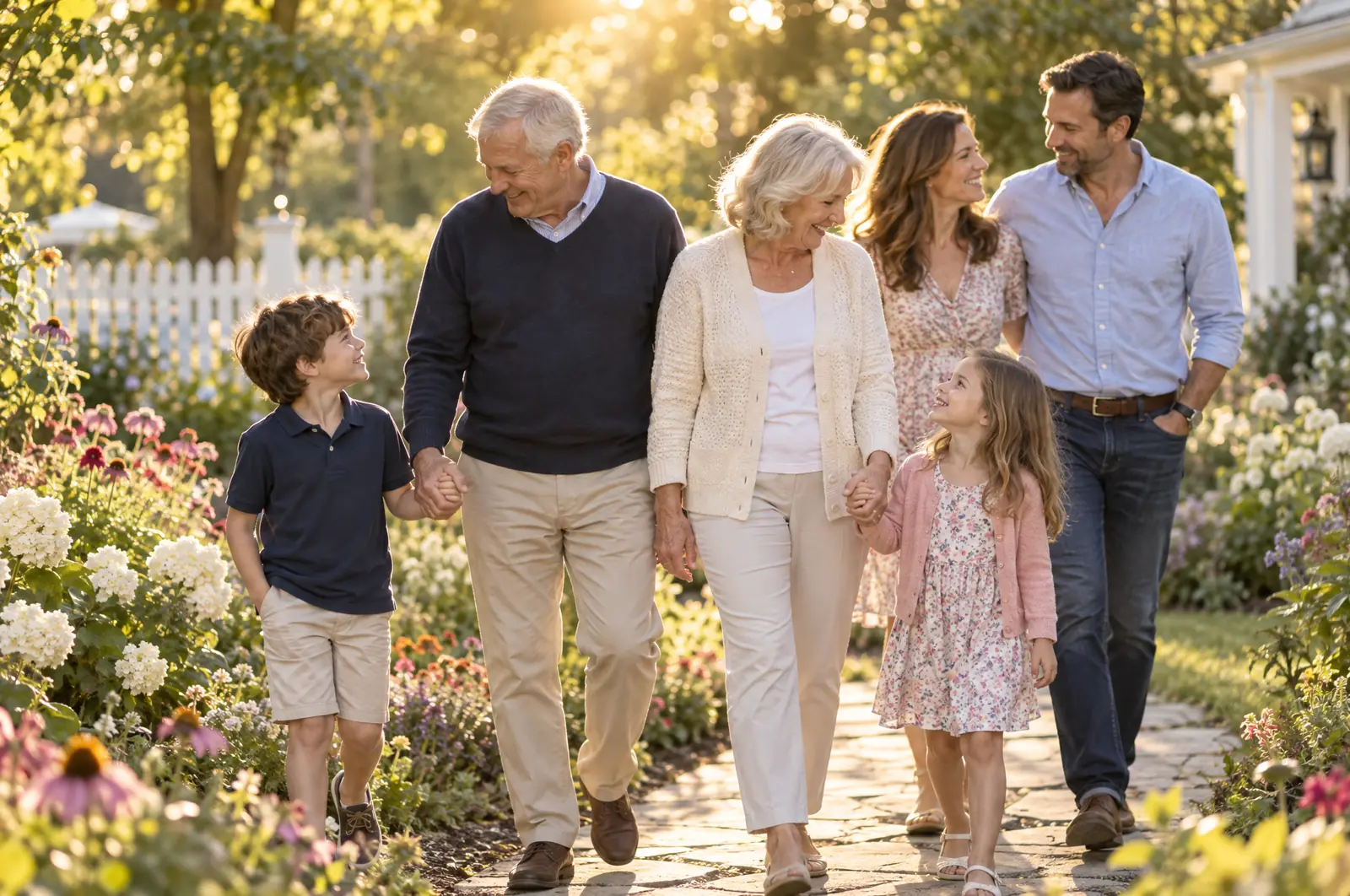 Three generations of a family walking through a garden at sunset