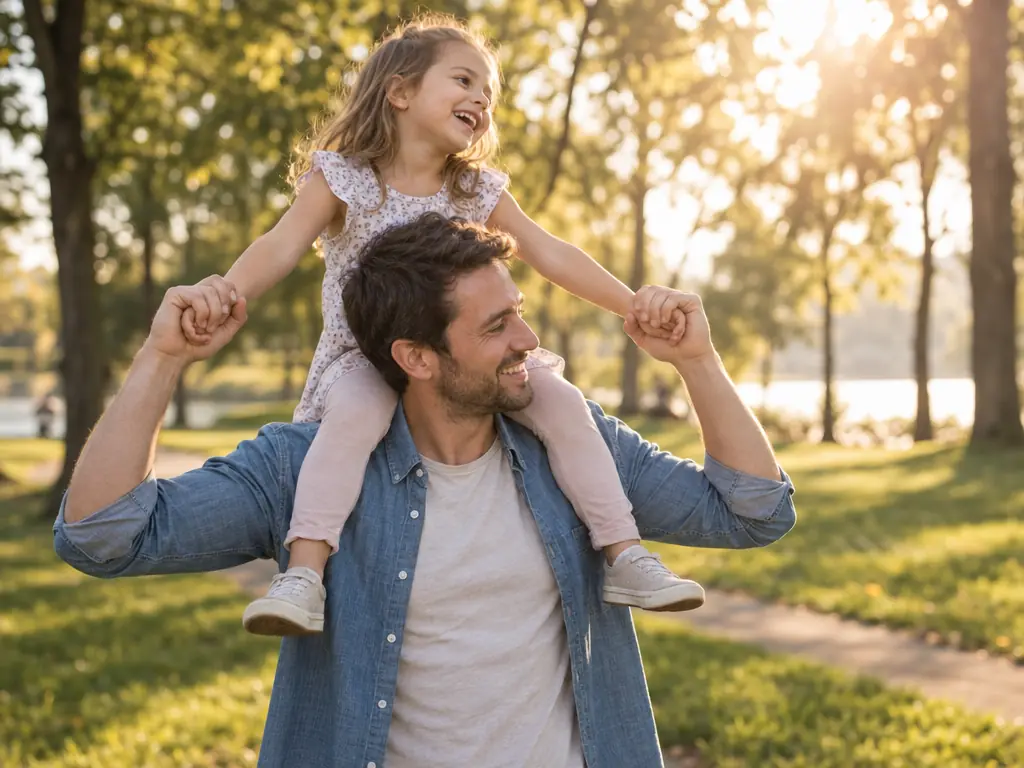 A father carrying his daughter on his shoulders in a park