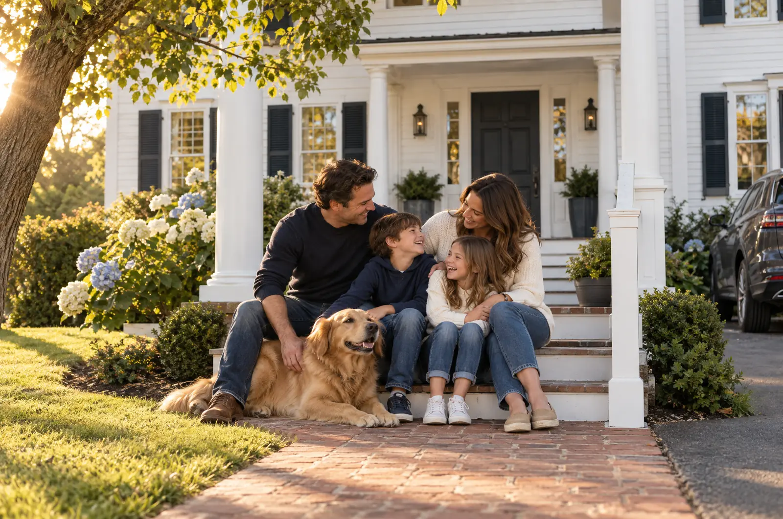 A family laughing together on the front steps of their home